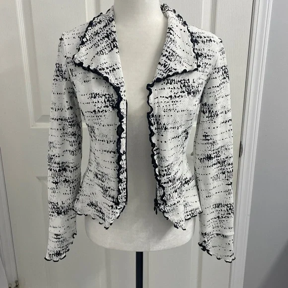 Joseph Ribkoff Black White Jacket Zip up Ruffle Trim size US 4 - Picture 2 of 12